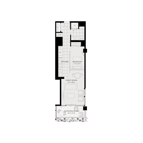 Floor plan for studio, 1 bath, 633 sqft